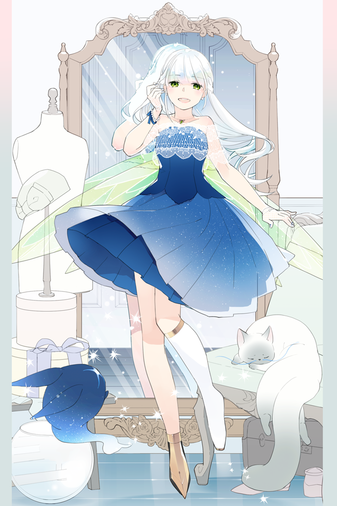 1girl :d blue_dress box cat couch dress euphie_(pixiv_fantasia_age_of_starlight) gift gift_box green_eyes green_wings indoors long_hair long_legs mirror pa_(itapa613) pixiv_fantasia pixiv_fantasia_age_of_starlight sleeveless sleeveless_dress smile standing white_cat white_hair wings