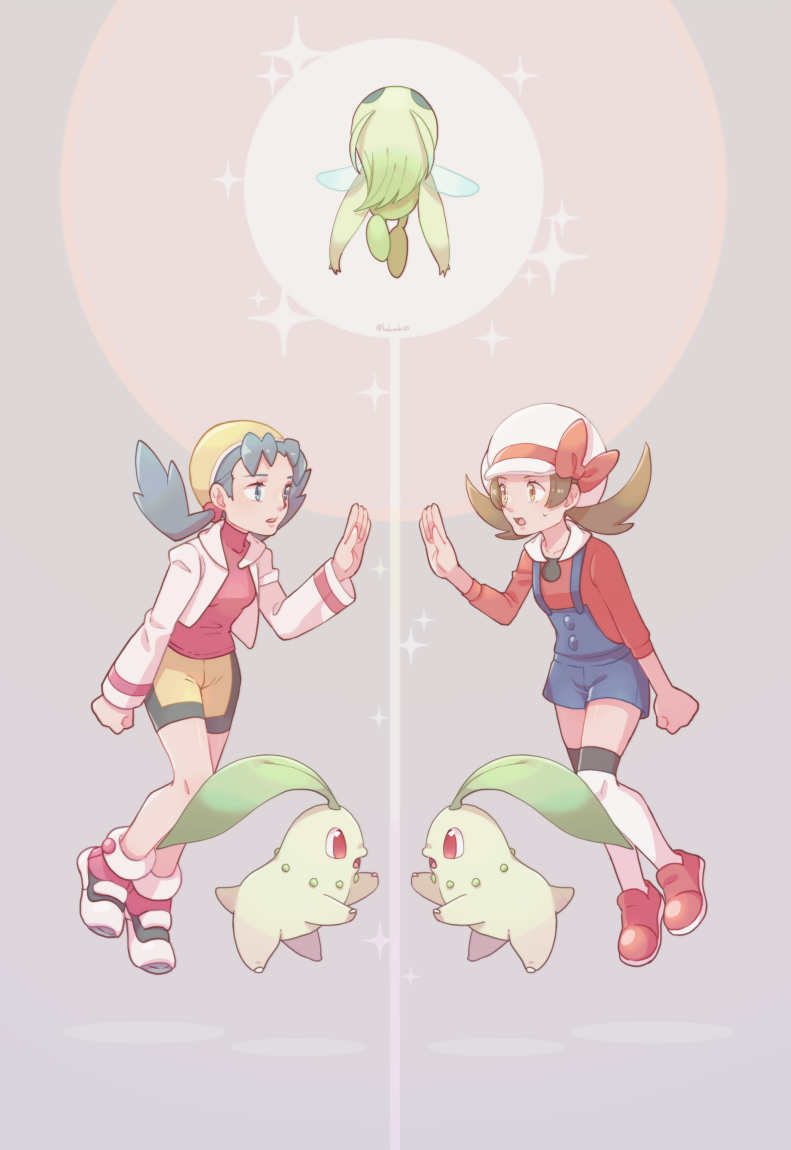 2girls bangs bike_shorts blue_eyes blue_overalls bow brown_hair celebi chikorita commentary_request cropped_jacket flipped_hair hand_up hat hat_bow jacket knees kris_(pokemon) long_sleeves lyra_(pokemon) multiple_girls overalls pokemon pokemon_(creature) pokemon_(game) pokemon_gsc pokemon_hgss red_bow red_footwear red_shirt s_(happycolor_329) shirt shoes thighhighs twintails white_headwear white_jacket white_thighhighs yellow_headwear