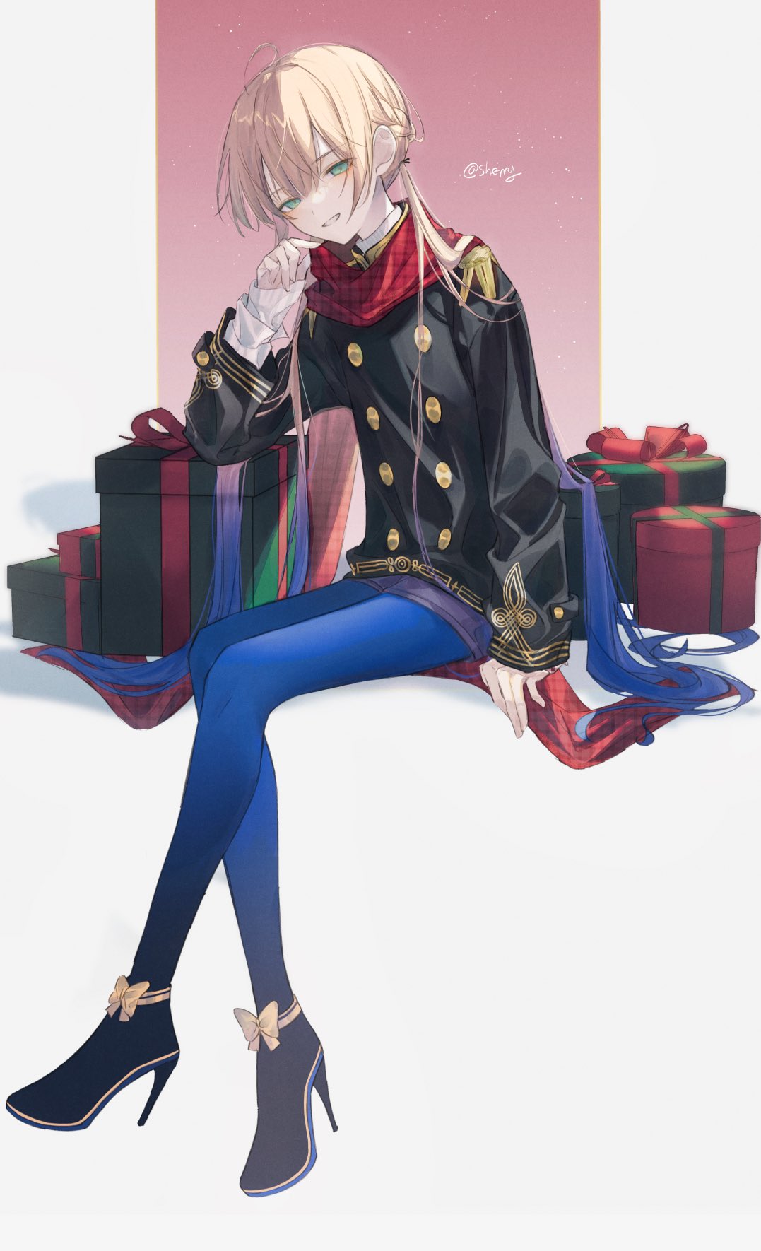 1boy aqua_eyes bangs black_jacket blonde_hair blue_hair blue_pantyhose box christmas fate/grand_order fate_(series) full_body gift gift_box gradient_hair grin hair_between_eyes high_heels highres invisible_chair jacket long_hair long_sleeves looking_at_viewer low_twintails male_focus multicolored_hair nemo_(fate) otoko_no_ko pantyhose red_scarf scarf sherry_0014 simple_background sitting sleeves_past_wrists smile solo twintails twitter_username very_long_hair