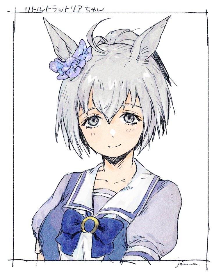 1girl ahoge animal_ears blush border bow bowtie breasts closed_mouth collarbone commentary_request ear_scrunchie extra grey_eyes grey_hair horse_ears horse_girl jemma_(mashirahoshi) little_trattoria_(umamusume) looking_at_viewer ponytail puffy_short_sleeves puffy_sleeves purple_shirt sailor_collar sailor_shirt school_uniform shirt short_hair short_sleeves signature small_breasts smile solo summer_uniform tareme tracen_school_uniform translated umamusume upper_body white_background white_sailor_collar