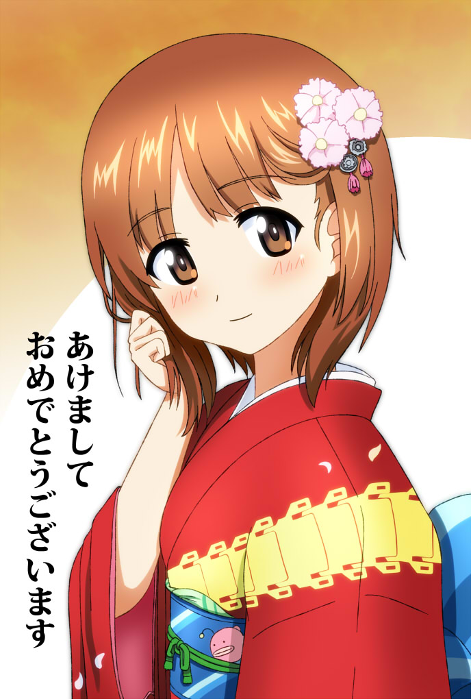 1girl akeome anglerfish bangs brown_eyes brown_hair caterpillar_tracks closed_mouth commentary_request doutanuki emblem flower furisode girls_und_panzer hair_flower hair_ornament hand_in_own_hair happy_new_year japanese_clothes kimono light_blush long_sleeves looking_at_viewer new_year nishizumi_miho obi partial_commentary print_kimono red_kimono sash short_hair smile solo standing translated wide_sleeves