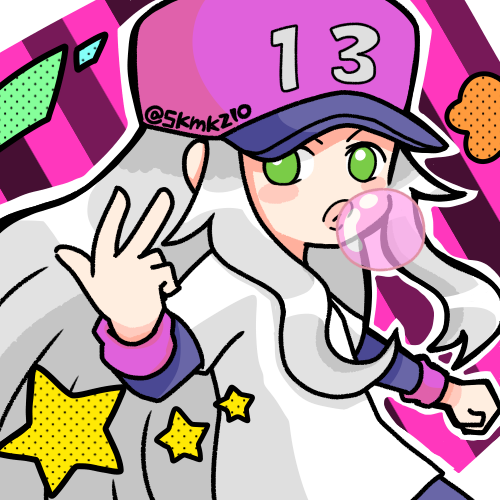 13-amp 1girl baseball_cap chewing_gum clenched_hand green_eyes halftone hat long_hair long_sleeves looking_at_viewer lowres patterned_background shirt skmkz10 solo t-shirt twitter_username warioware white_hair white_shirt