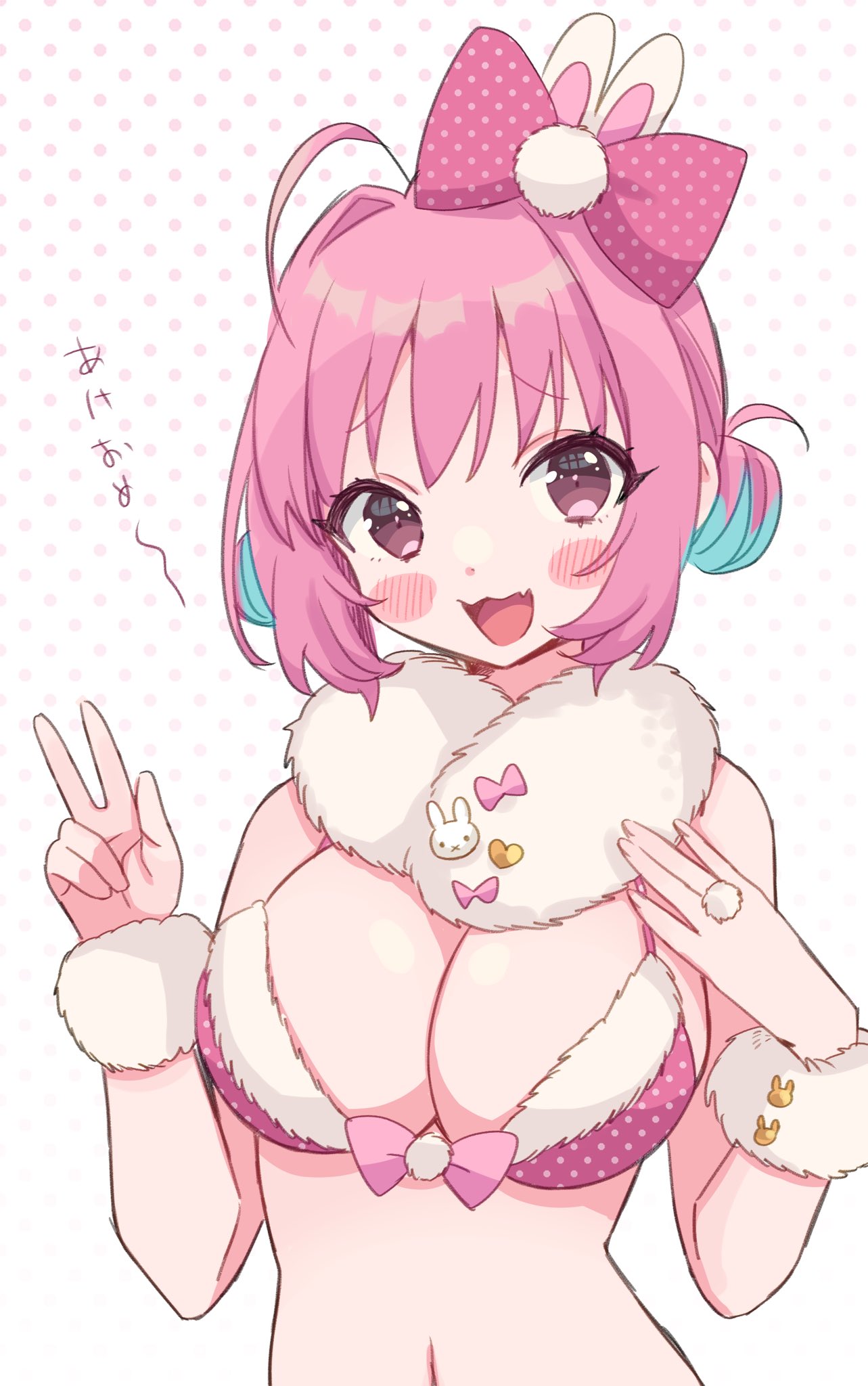 1girl ahoge animal_ears bangs bikini blush_stickers bow breasts commentary double_bun fang fur-trimmed_bikini fur_trim gradient gradient_background hair_bun hair_intakes hands_up highres idolmaster idolmaster_cinderella_girls large_breasts looking_at_viewer multicolored_hair navel open_mouth pink_bikini pink_bow pink_eyes pink_hair polka_dot polka_dot_background polka_dot_bikini polka_dot_bow rabbit_ears raised_eyebrows saito_katuo shiny shiny_hair skin_fang smile solo swimsuit symbol-only_commentary translated two-tone_hair upper_body w yumemi_riamu