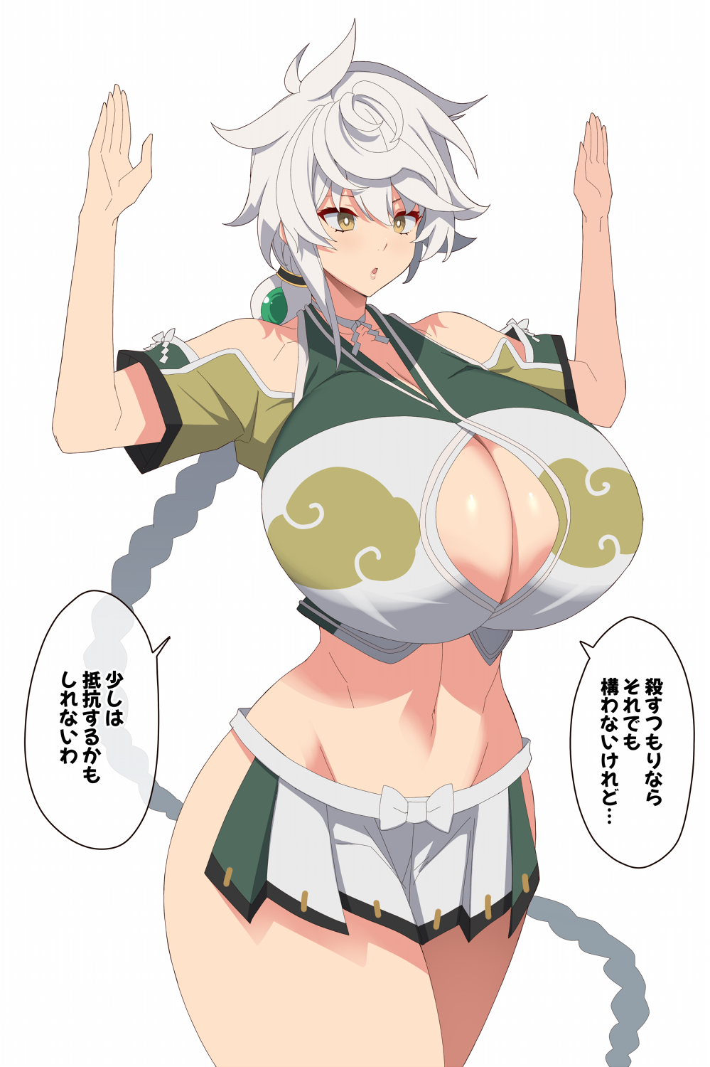 1girl asymmetrical_hair bangs bare_shoulders braid breasts brown_eyes cleavage cleavage_cutout clothing_cutout cloud_print cropped_shirt green_shirt green_skirt hands_up highres huge_breasts kantai_collection kloah long_hair midriff miniskirt navel open_mouth pleated_skirt shirt short_sleeves single_braid skirt solo speech_bubble thighs translated unryuu_(kancolle) very_long_hair wavy_hair white_background white_hair white_shirt white_skirt