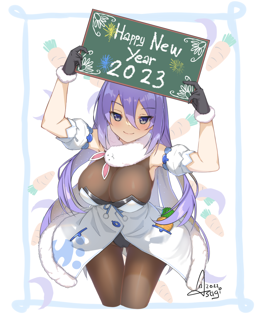 1girl arm_garter as4gi bare_shoulders black_gloves bodystocking breasts carrot chinese_zodiac cosplay crescent don-chan_(usada_pekora) dress fur-trimmed_gloves fur_trim gloves happy_new_year holding holding_sign hololive hololive_indonesia large_breasts leotard leotard_under_clothes long_hair moona_hoshinova pantyhose purple_eyes purple_hair sign smile solo strapless strapless_dress usada_pekora usada_pekora_(cosplay) virtual_youtuber white_dress year_of_the_rabbit