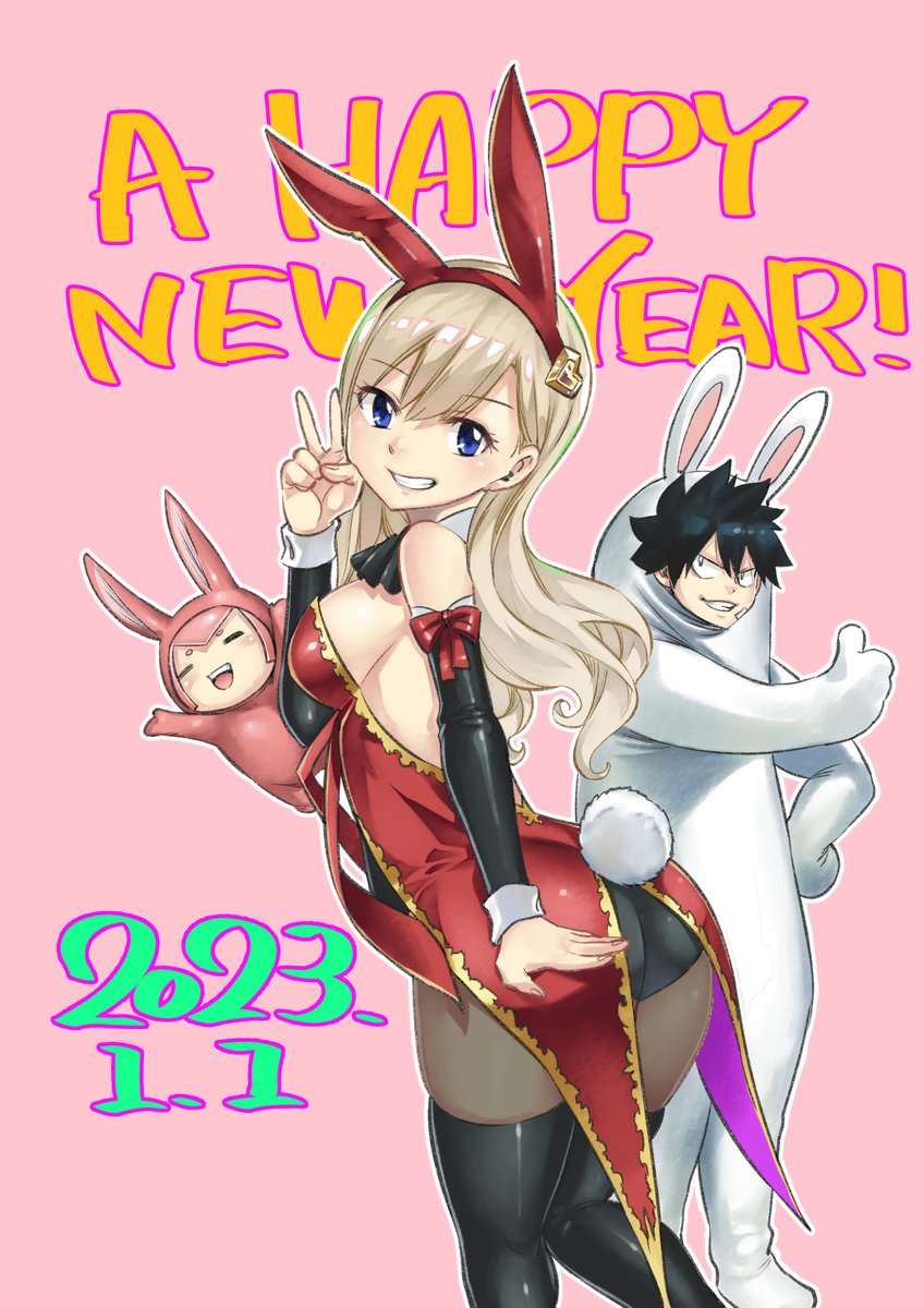 animal_ears ass ass_focus black_eyes black_hair blonde_hair blue_eyes breasts colored_skin detached_sleeves eden's_zero happy_new_year highres large_breasts mashima_hiro pino_(eden's_zero) playboy_bunny rabbit_ears rabbit_tail rebecca_bluegarden shiki_granbell smile tail thick_thighs thighhighs thighs thumbs_up v white_skin wide_hips