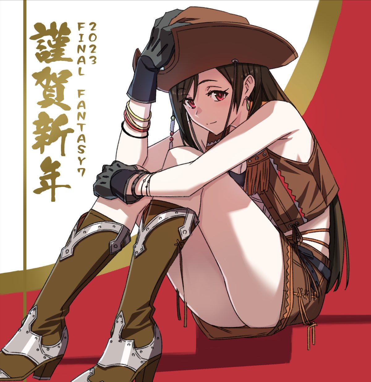 1girl 2023 alt_text bangs bare_shoulders black_gloves boots bracelet brown_eyes brown_footwear brown_hair brown_headwear brown_skirt brown_vest cowboy_boots cowboy_hat crisis_core_final_fantasy_vii crop_top decoponmagi earrings final_fantasy final_fantasy_vii full_body gloves hair_between_eyes hat highres holding holding_clothes holding_hat hugging_own_legs jewelry leather_skirt leather_vest long_hair looking_at_viewer midriff miniskirt shirt sitting skirt sleeveless sleeveless_shirt solo swept_bangs thighs tifa_lockhart undershirt vest white_shirt
