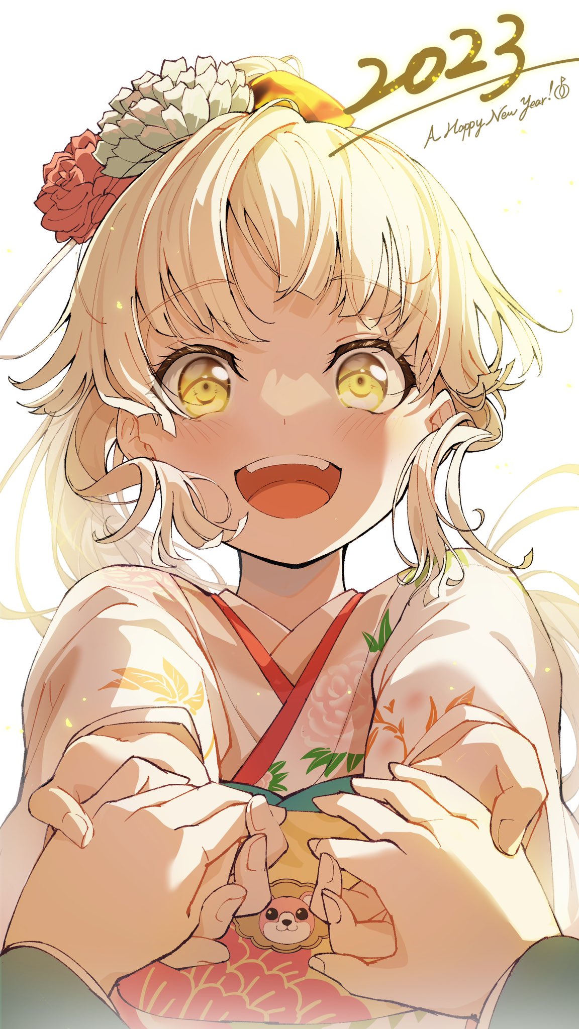 1girl 1other 2023 :d bang_dream! bangs blonde_hair blush commentary_request fingernails floating_hair floral_print flower foreshortening hair_flower hair_ornament happy_new_year high_ponytail highres holding_hands japanese_clothes kimono light_particles long_hair long_sleeves looking_at_viewer michelle_(bang_dream!) new_year nobusawa_osamu obi official_alternate_costume official_alternate_hairstyle open_mouth outstretched_arms ponytail pov pov_hands print_kimono red_flower sash simple_background smile solo_focus teeth tsurumaki_kokoro upper_body upper_teeth_only white_background white_flower white_kimono yellow_eyes