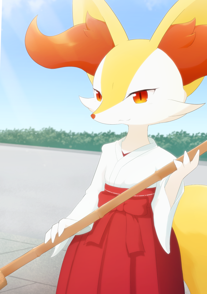 1girl :3 animal_ear_fluff animal_ears animal_nose blue_sky blurry blurry_background body_fur bow braixen broom bush closed_mouth clothed_pokemon cowboy_shot day flat_chest fox_ears fox_girl fox_tail furry furry_female hakama hakama_skirt hand_up happy holding holding_broom japanese_clothes kemonobito kimono long_sleeves looking_at_viewer miko outdoors pleated_skirt pokemon pokemon_(creature) red_bow red_eyes red_hakama red_skirt skirt sky smile snout solo split_mouth standing tail two-tone_fur white_fur white_kimono wide_sleeves yellow_fur