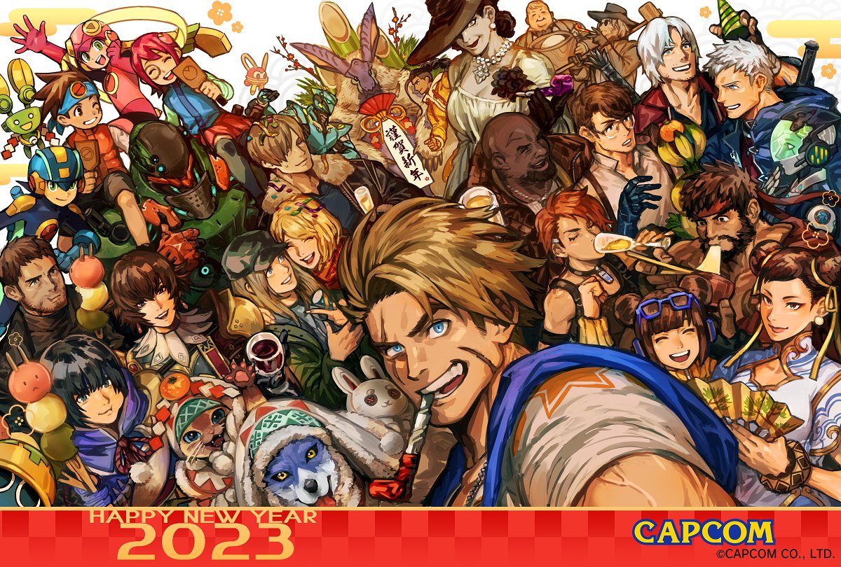 2023 6+boys 6+girls alcina_dimitrescu artist_request ashley_graham beard blue-framed_eyewear canyne capcom chinese_zodiac chris_redfield chun-li commentary_request company_connection crossover dango dante_(devil_may_cry) deadeye_(exoprimal) devil_may_cry_(series) devil_may_cry_5 double_bun eddie_(mega_man) exoprimal eyewear_on_head facial_hair felyne fiorayne_(monster_hunter) food glasses hair_bun hand_fan happy_new_year hat jamie_(street_fighter) kamura_(armor) karl_heisenberg lagombi lan_hikari_(mega_man) leon_s._kennedy li-fen luke_sullivan mayl_sakurai_(mega_man) mega_man_(series) mega_man_battle_network megaman.exe met_(mega_man) monster_hunter_(character) monster_hunter_(series) monster_hunter_rise mr._prog_(mega_man) multiple_boys multiple_crossover multiple_girls multiple_others muscular muscular_male nero_(devil_may_cry) official_art power_suit resident_evil resident_evil_4 resident_evil_4_(remake) resident_evil_village roll.exe_(mega_man) rosemary_winters ryu_(street_fighter) scar scar_on_face selfie smile street_fighter street_fighter_6 the_duke_(resident_evil) wagashi year_of_the_rabbit