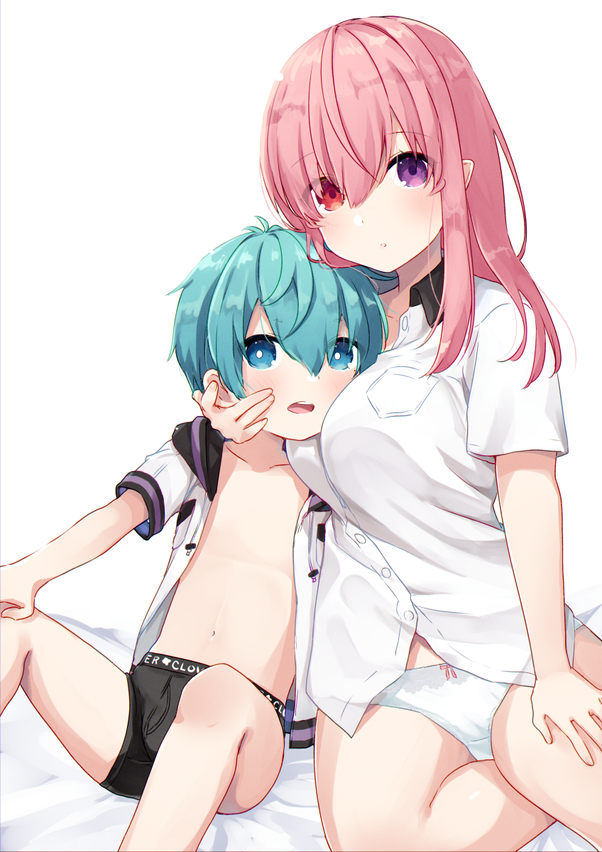 1boy 1girl :o age_difference between_breasts black_hood black_male_underwear blue_eyes blue_hair bow bow_panties breast_smother breasts collarbone collared_shirt face_to_breasts hair_between_eyes hand_on_another's_cheek hand_on_another's_face hand_on_own_knee hand_on_own_thigh head_between_breasts heterochromia highres jacket knees_up large_breasts long_hair looking_at_viewer male_underwear navel nei_akutsu no_pants on_bed onee-shota open_clothes open_jacket open_mouth original os_(os_fresa) panties pink_hair pointy_ears purple_eyes red_eyes shirt short_hair sitting souta_kandori underwear white_background white_panties white_shirt yokozuwari