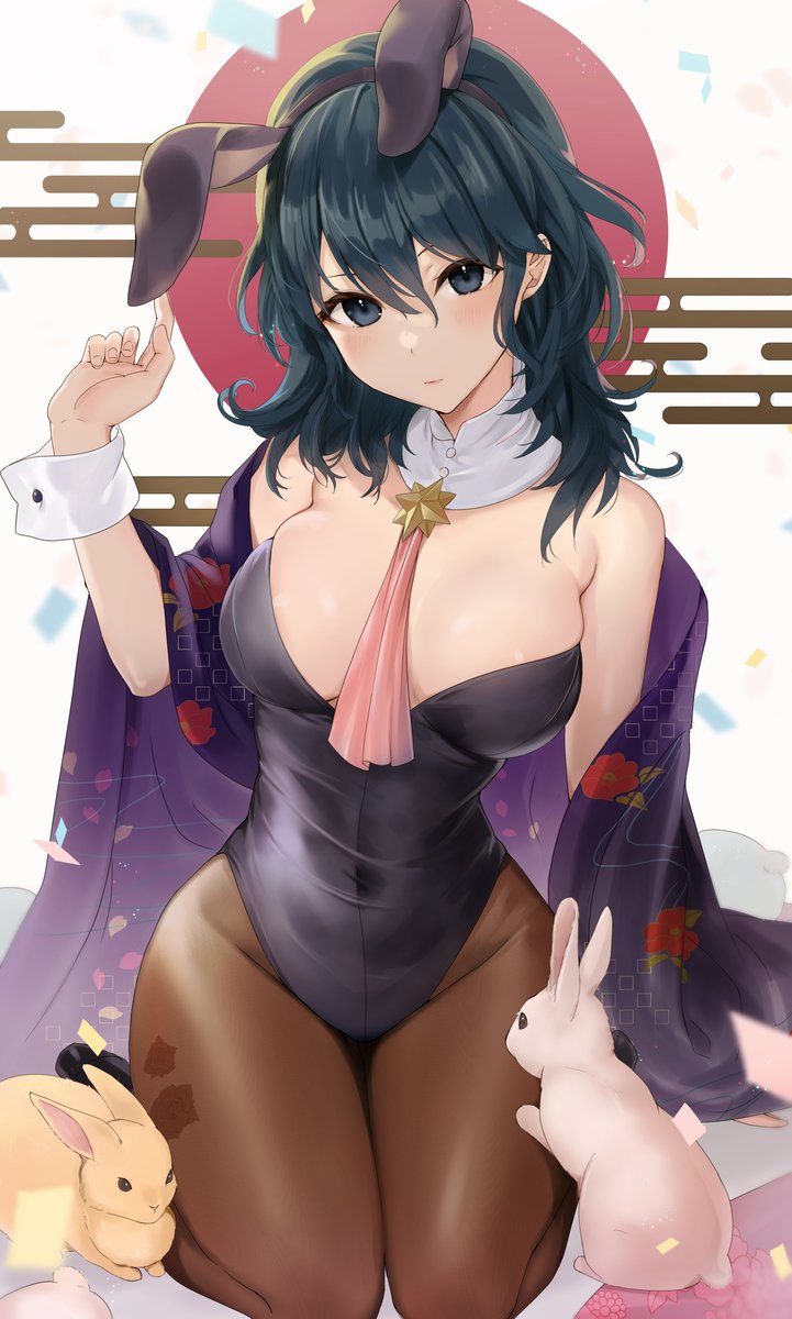 1girl alternate_costume animal_ears ascot bangs bare_shoulders blue_eyes blue_hair breasts byleth_(fire_emblem) byleth_(fire_emblem)_(female) chinese_zodiac cloak confetti covered_navel detached_collar egasumi fire_emblem fire_emblem:_three_houses hair_between_eyes happy_new_year haru_(nakajou-28) highres large_breasts new_year pantyhose patterned_background playboy_bunny purple_cloak rabbit rabbit_ears red_ascot see-through see-through_legwear skindentation solo sun thighs white_background wrist_cuffs year_of_the_rabbit