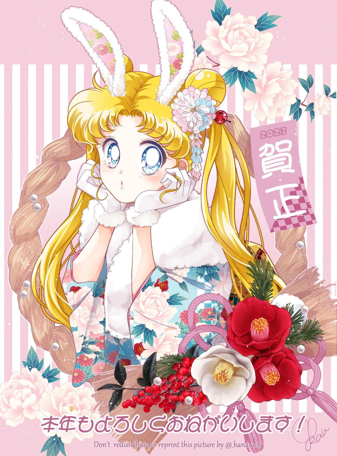 1girl 2023 animal_ears bangs bishoujo_senshi_sailor_moon blonde_hair blue_eyes blue_kimono chinese_zodiac double_bun floral_print flower gloves hair_bun hands_on_own_face highres japanese_clothes kimono long_hair new_year parted_bangs poppy_(flower) rabbit_ears rose sarashina_kau solo tsukino_usagi very_long_hair white_gloves year_of_the_rabbit