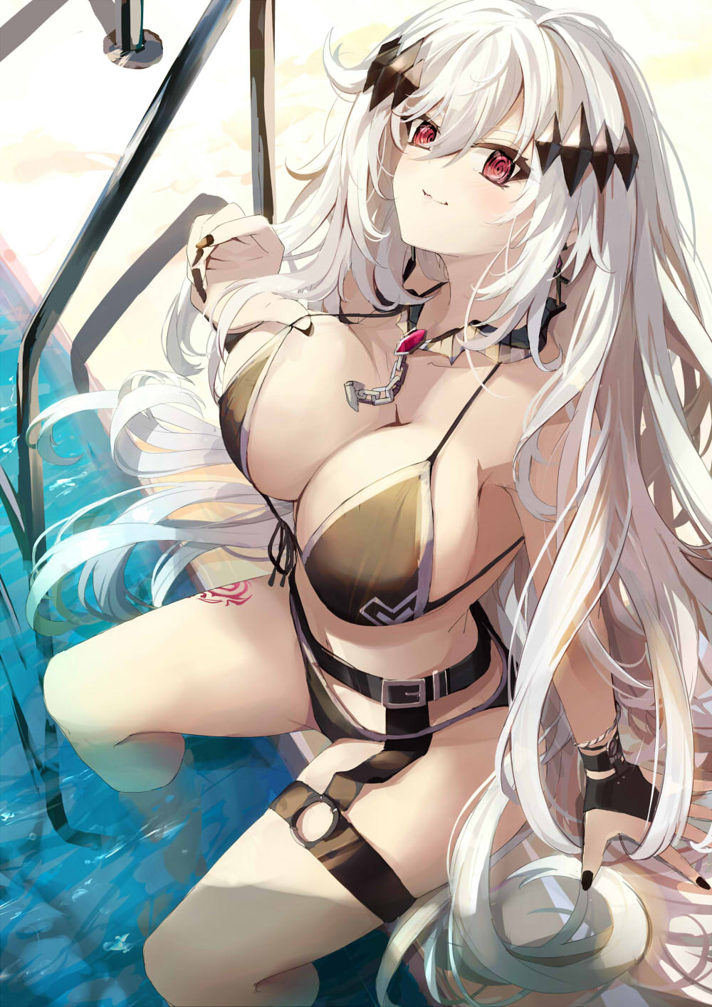 1girl :3 arched_back bangs bikini bikini_lift black_bikini black_gloves breasts cleavage closed_mouth clothes_lift collared_shirt commission fingerless_gloves from_above gloves hair_between_eyes hair_ornament hand_on_floor highres jewelry kamishiro_nia_(vtuber) large_breasts looking_at_viewer momiji_oroshi navel necklace pool pool_ladder poolside red_eyes shirt sitting skeb_commission solo strap swimsuit thigh_strap water white_hair