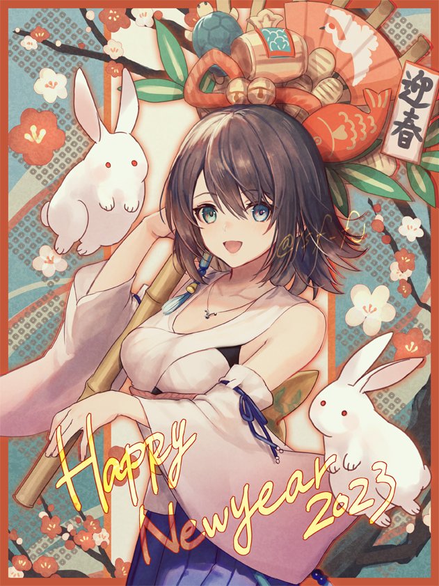 1girl 2023 back_bow bare_shoulders black_bra blue_eyes blue_skirt border bow bra breasts chinese_zodiac detached_sleeves final_fantasy final_fantasy_x green_eyes hair_between_eyes hand_fan happy_new_year heterochromia holding holding_fan japanese_clothes jewelry looking_at_viewer medium_breasts medium_hair necklace nontraditional_miko open_mouth pleated_skirt rabbit red_border sasanomesi shirt skirt smile solo twitter_username underwear white_shirt white_sleeves wide_sleeves year_of_the_rabbit yuna_(ff10)
