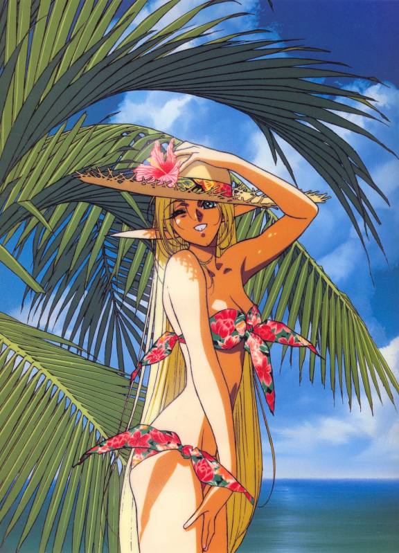 90's 90's 90s bikini deedlit elf hat izubuchi_yutaka oldschool palm_tree pointy_ears record_of_lodoss_war shitajiki smile swimsuit tree wink yuuki_nobuteru