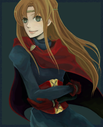 1girl 4t black_eyes cape crossed_arms female gensou_suikoden gensou_suikoden_i gloves long_hair lowres odessa_silverberg orange_hair simple_background solo suikoden suikoden_i tiara