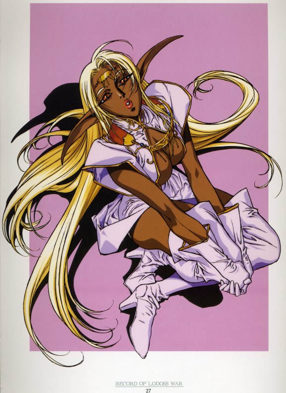 90's 90's 90s ahoge blonde_hair boots breasts cleavage dark_elf dark_skin diadem elf high_heels jewelry knee_high_boots knee_holding large_breasts lips lipstick long_hair looking_at_viewer looking_up makeup necklace oldschool open_mouth orange_eyes pirotess pointy_ears record_of_lodoss_war shadow shoes simple_background sitting tan tanned very_long_hair yuuki_nobuteru