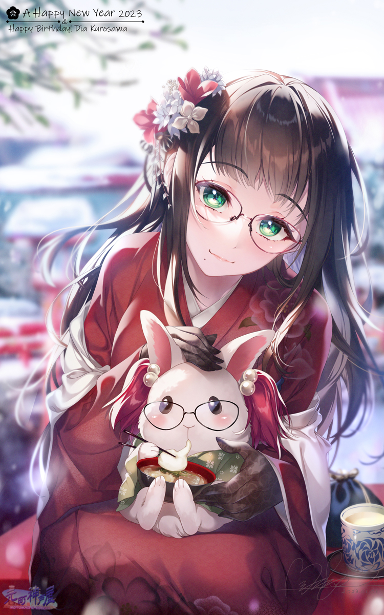 1girl 2020 2022 animal animal_on_lap artist_name bangs black_hair blunt_bangs blurry blurry_background blurry_foreground blush boar bokeh brown_hair chinese_zodiac chromatic_aberration closed_mouth dated day depth_of_field earrings eating floral_print flower food food_on_face glasses green_eyes hair_flower hair_ornament happy_new_year highres holding hozumi_kaoru japanese_clothes jewelry kanzashi kimono kurosawa_dia lips long_hair long_sleeves looking_at_viewer love_live! love_live!_sunshine!! mole mole_under_mouth motion_blur new_year on_lap outdoors rabbit red_kimono seiza shiny shiny_hair sidelocks signature sitting smile snow solo twitter_username wagashi watermark web_address white_flower wide_sleeves year_of_the_rabbit