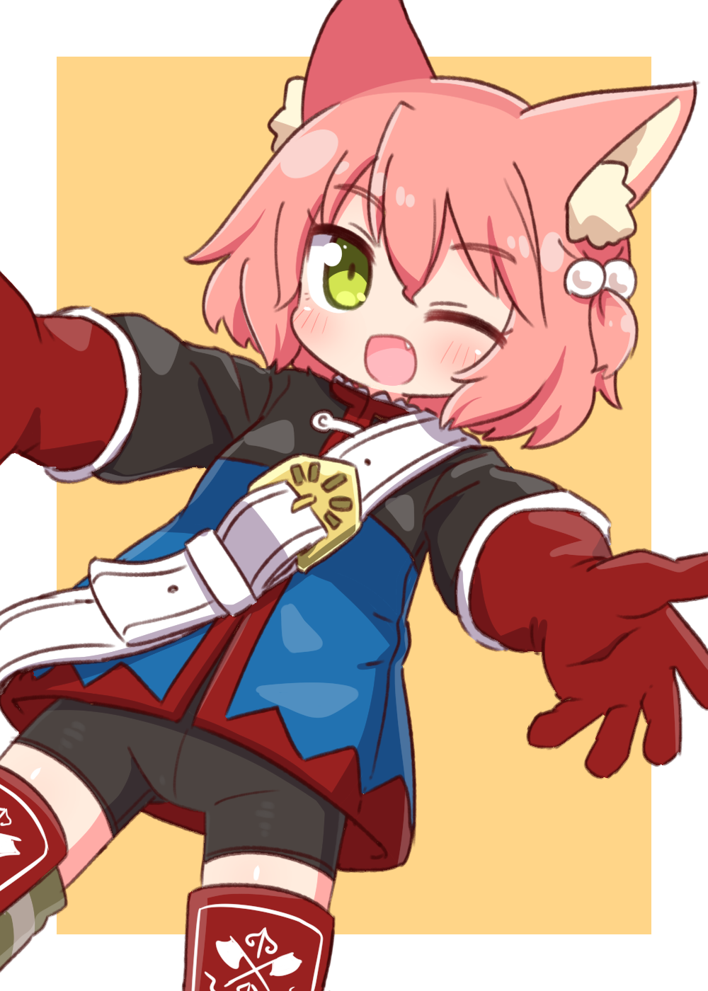 1girl 7th_dragon 7th_dragon_(series) ;d animal_ear_fluff animal_ears belt belt_buckle bike_shorts black_shorts blue_jacket blush brown_background buckle cat_ears fighter_(7th_dragon) gloves green_eyes hair_bobbles hair_ornament harukara_(7th_dragon) highres jacket long_sleeves looking_at_viewer naga_u one_eye_closed one_side_up pink_hair red_gloves short_shorts shorts smile solo striped striped_thighhighs thighhighs two-tone_background white_background white_belt