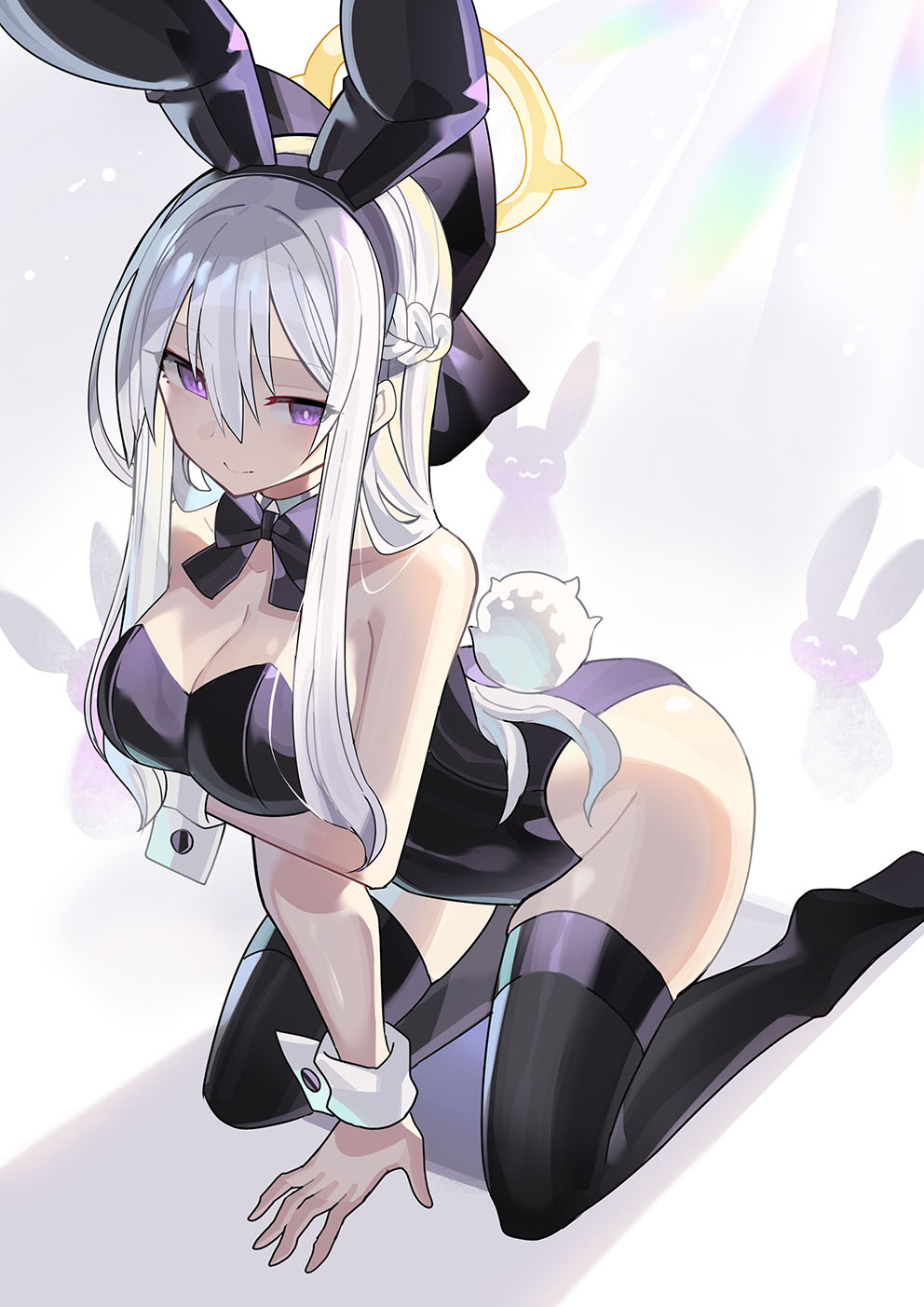 1girl angel animal_ears arm_under_breasts black_bow black_bowtie black_leotard black_thighhighs bow bowtie braid breasts bright_pupils cleavage closed_mouth detached_collar falken_(yutozin) french_braid full_body hair_between_eyes hair_bow halo highres kneeling large_breasts leotard long_hair looking_at_viewer original playboy_bunny purple_eyes rabbit rabbit_ears rabbit_tail tail thighhighs white_hair white_pupils wrist_cuffs