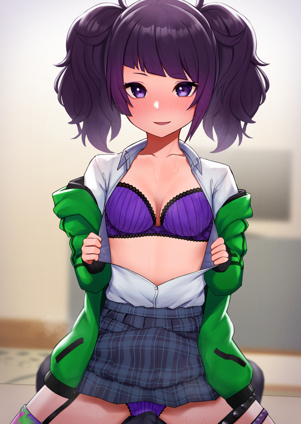 1boy 1girl :d bangs blush bra breasts check_commentary commentary_request diagonal_bangs emor18_shikeko highres idolmaster idolmaster_shiny_colors jacket looking_at_viewer open_clothes open_mouth pov purple_bra purple_eyes purple_hair school_uniform sitting sitting_on_person skirt smile solo_focus sweat tanaka_mamimi thigh_strap thighhighs twintails underwear