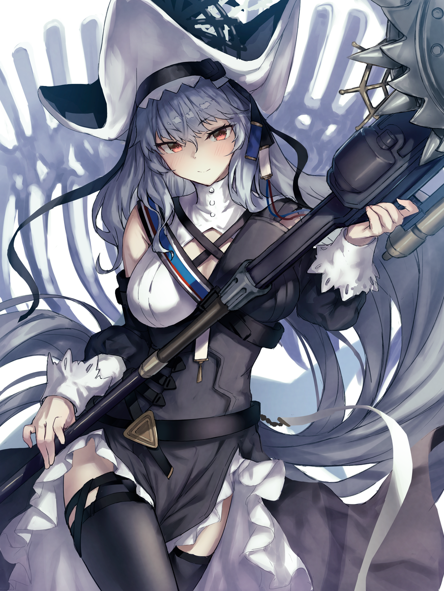 1girl arknights bangs black_dress black_headwear black_thighhighs breasts circular_saw cleavage_cutout clothing_cutout cowboy_shot dress highres holding holding_staff holding_weapon long_hair looking_at_viewer medium_breasts red_eyes ryuinu smile solo specter_(arknights) specter_the_unchained_(arknights) staff thighhighs two-tone_dress weapon white_dress white_hair