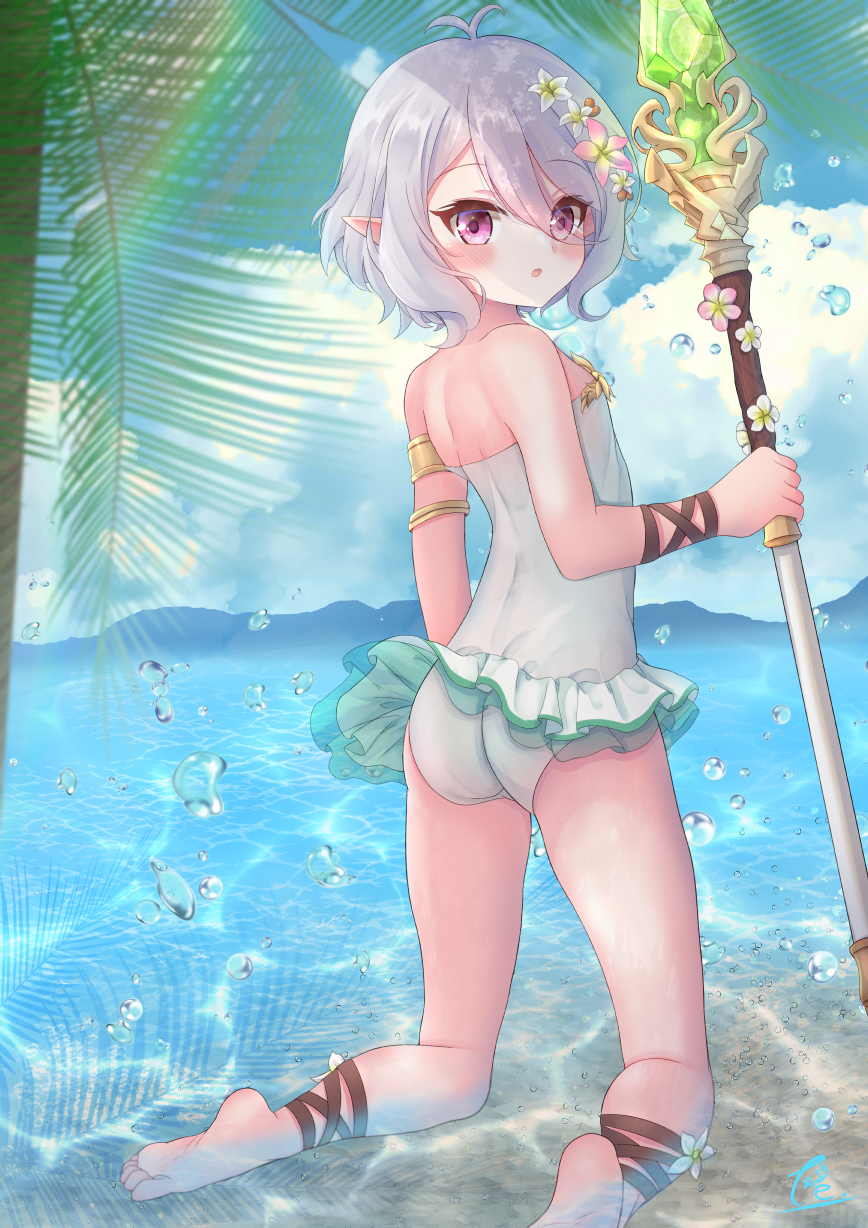 1girl ass bare_shoulders barefoot elf feet flat_chest frilled_swimsuit frills highres kokkoro_(princess_connect!) kokkoro_(summer)_(princess_connect!) legs looking_back one-piece_swimsuit outdoors pink_eyes pointy_ears polearm princess_connect! short_hair soles spear swimsuit teren toes weapon white_hair