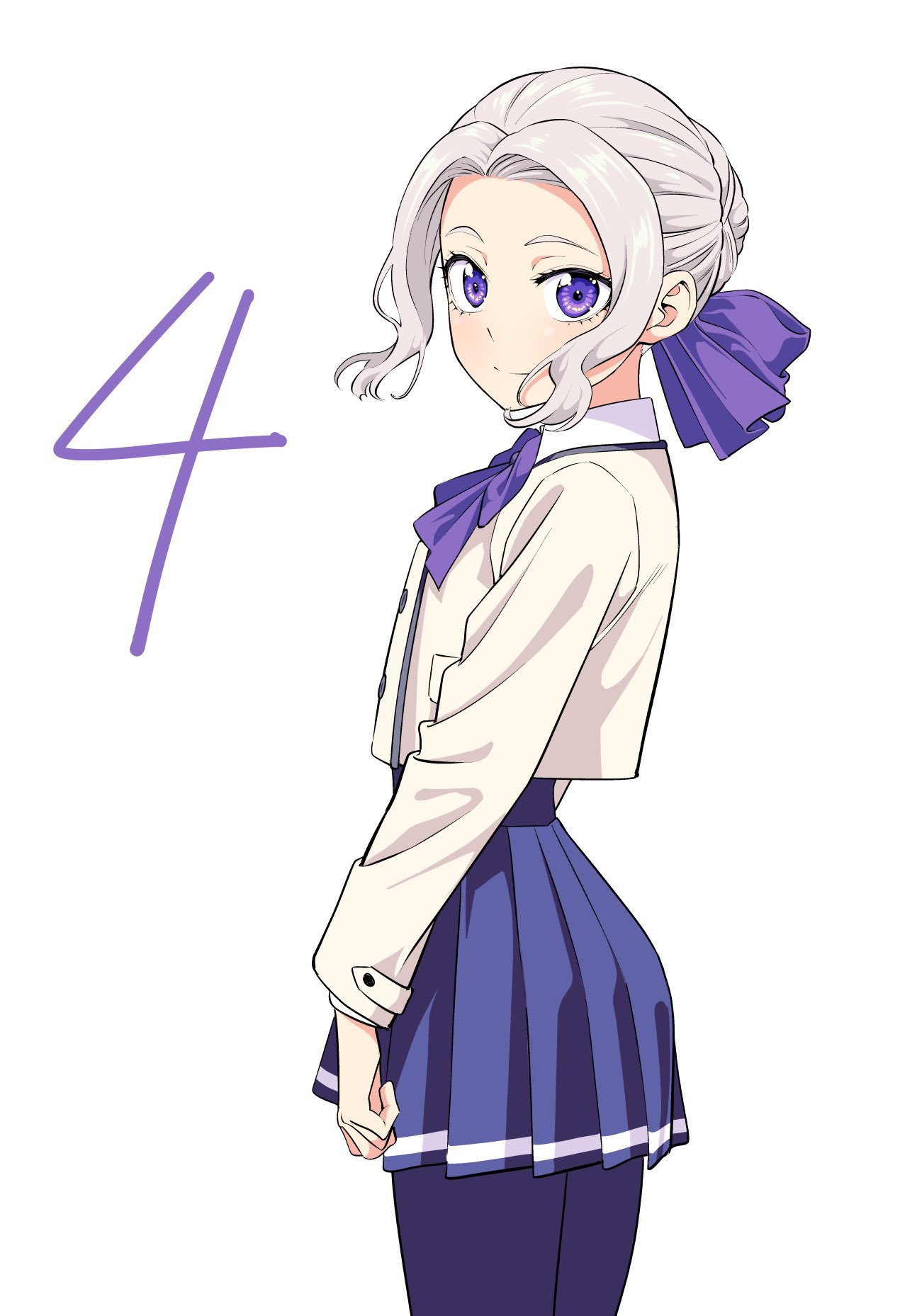 1girl blue_skirt bow bowtie closed_mouth countdown cowboy_shot hair_bow hair_bun highres hiroyuki kanojo_mo_kanojo kiryuu_shino light_smile looking_at_viewer looking_to_the_side miniskirt official_art pantyhose pleated_skirt purple_bow purple_bowtie purple_eyes school_uniform simple_background single_hair_bun skirt solo standing white_background white_hair