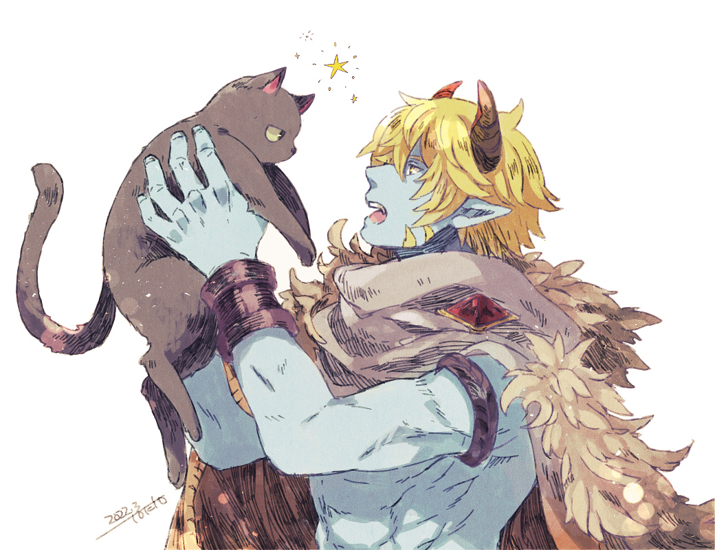 1boy animal another_eden bangs black_cat blonde_hair brown_cape cape cat colored_skin commentary_request dated demon_boy demon_horns fur_cape grey_skin guildna_(another_eden) hair_between_eyes holding holding_animal holding_cat horns male_focus muscular muscular_male open_mouth short_hair signature simple_background solo star_(symbol) tokio_(okt0w0) upper_body white_background