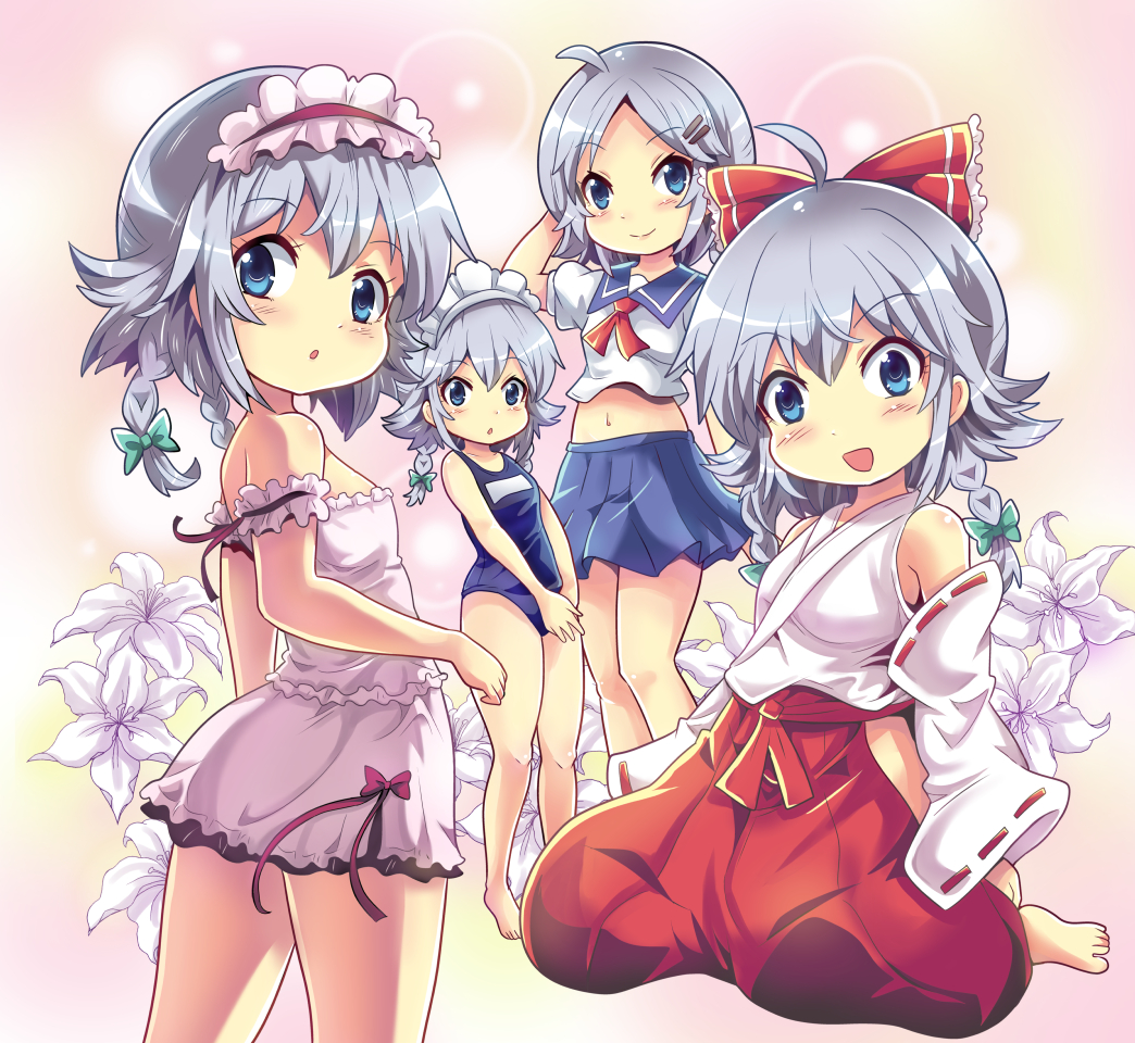 2girls aged_down ahoge alternate_hairstyle barefoot blue_eyes bow braid camisole chibi colonel_aki commentary cosplay crop_top detached_sleeves dual_persona flower from_behind grey_hair hair_between_eyes hair_bow hair_ornament hairclip hakama hakurei_reimu hakurei_reimu_(cosplay) izayoi_sakuya japanese_clothes lily_(flower) long_sleeves maid_headdress multiple_girls navel nontraditional_miko pleated_skirt red_hakama school_swimsuit school_uniform serafuku short_sleeves sitting skirt smile standing swimsuit touhou twin_braids wariza wide_sleeves