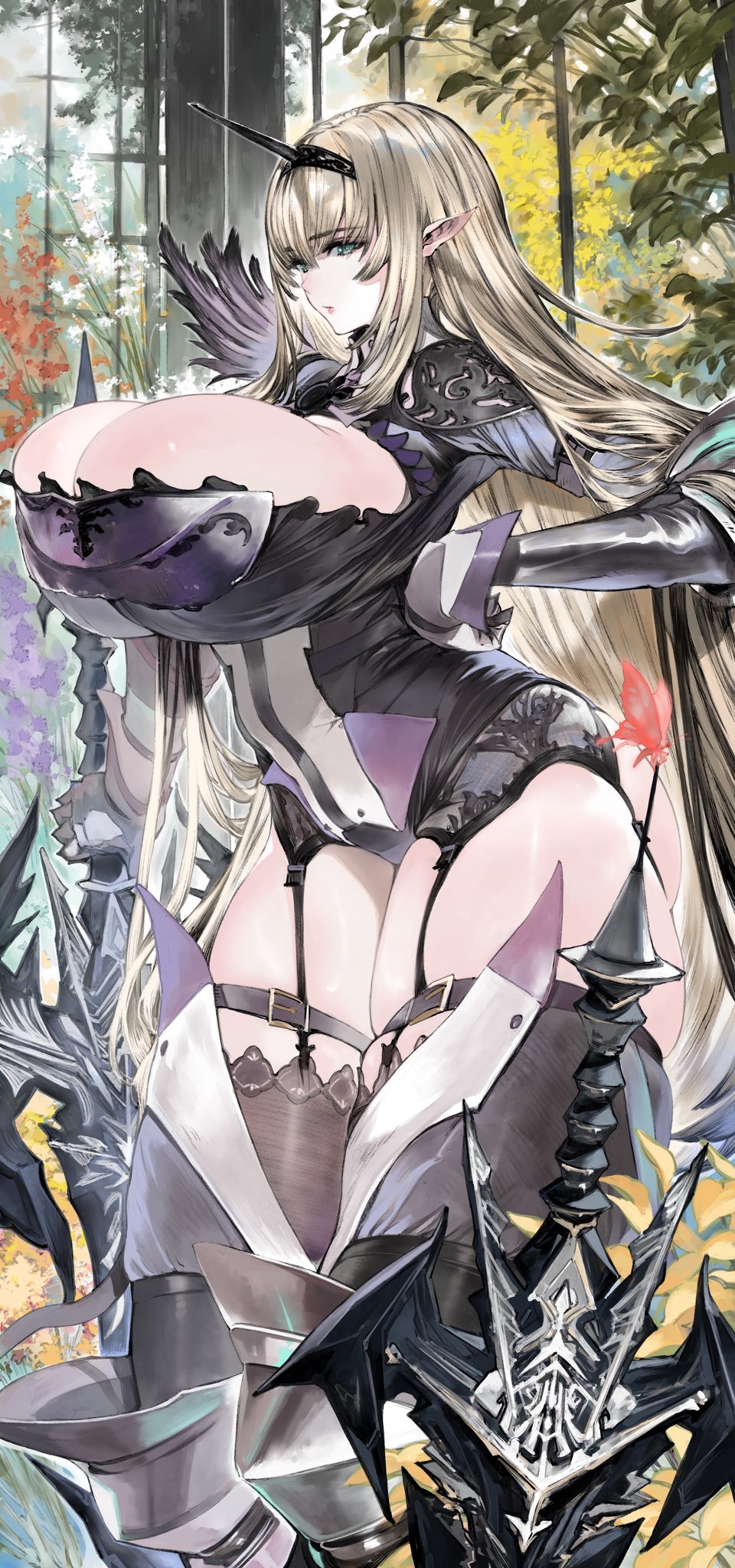 1girl armor armored_boots armored_dress bangs belt blonde_hair blunt_bangs boots breastplate breasts bug butterfly cleavage cleavage_cutout clothing_cutout elbow_pads fake_horns fantasy feather-trimmed_sleeves flower garden garter_belt garter_straps gauntlets greatsword green_eyes greenhouse hand_on_hip highres holding holding_weapon horned_headwear horns houden_eizou indoors original plant pointy_ears revealing_clothes shoulder_armor thighhighs thighs weapon