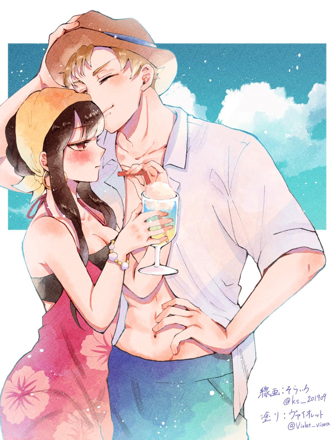 1boy 1girl abs artist_name bangs bare_shoulders black_hair black_shirt blonde_hair blue_pants blush bracelet breasts brown_headwear cleavage closed_eyes collared_shirt couple cowboy_shot cup dress drinking_straw earrings floral_print food hair_scarf hat hetero highres holding holding_clothes holding_cup holding_hat hoop_earrings ice_cream ice_cream_float jewelry medium_breasts open_clothes open_shirt pants parted_bangs print_dress red_dress red_eyes shirt short_hair short_sleeves sidelocks smile spy_x_family strapless toned toned_male tube_top twilight_(spy_x_family) twitter_username violet_viora white_shirt yor_briar