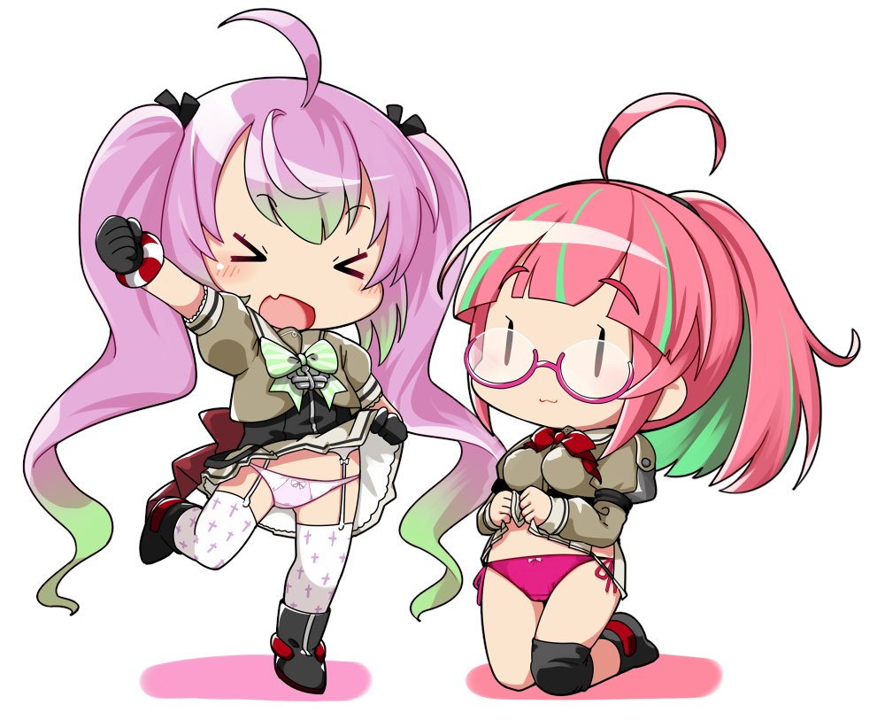 &gt;_&lt; 2girls :3 ahoge bangs black_gloves black_ribbon blush breasts chibi closed_eyes clothes_lift commentary_request fairy_(kancolle) fang garter_belt garter_straps glasses gloves gradient_hair green_hair hair_ribbon hip_vent kantai_collection kneeling lifted_by_self long_hair long_sleeves medium_breasts momo_(kancolle) multicolored_hair multiple_girls nassukun open_mouth panties pink-framed_eyewear pink_hair pink_panties pleated_skirt ponytail ribbon sailor_collar school_uniform serafuku short_sleeves side-tie_panties simple_background skin_fang skirt skirt_lift thighhighs twintails ume_(kancolle) underwear very_long_hair white_background white_thighhighs