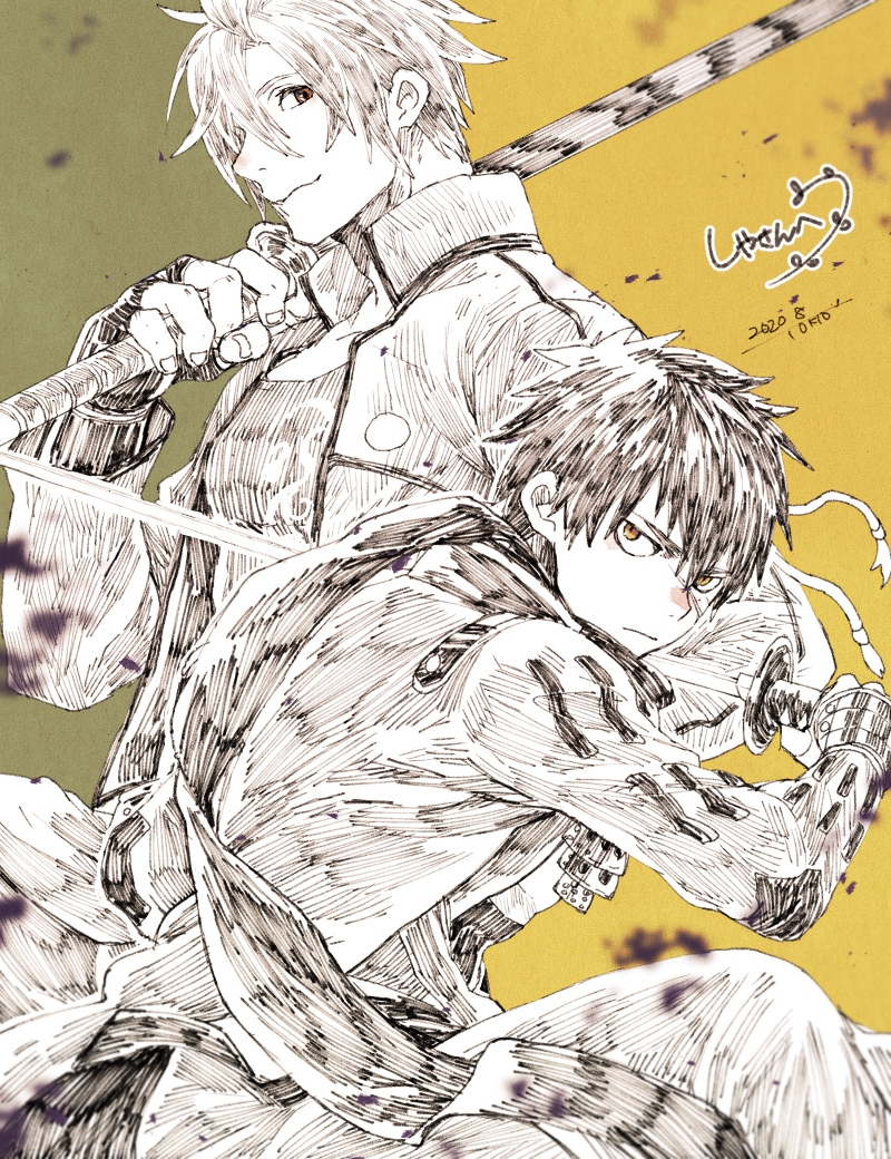 2boys bangs brown_hair closed_mouth coat commentary_request cowboy_shot dated doudanuki_masakuni frown greyscale_with_colored_background hair_between_eyes holding holding_sword holding_weapon katana looking_at_viewer male_focus multiple_boys otegine pants scar scar_on_face scar_on_nose shirt short_hair signature smile sword tokio_(okt0w0) touken_ranbu weapon yellow_background yellow_eyes