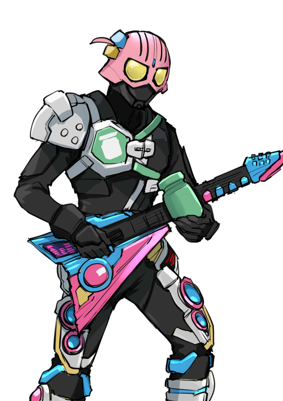 1girl ahoge armor beat_axe beat_buckle black_bodysuit black_gloves bocchi_the_rock! bodysuit commentary_request cube_hair_ornament gloves gotou_hitori guitar hair_ornament highres holding holding_jar instrument jar kamen_rider kamen_rider_geats_(series) leg_armor music playing_instrument season_connection shoulder_armor somechime_(sometime1209) speaker standing yellow_eyes