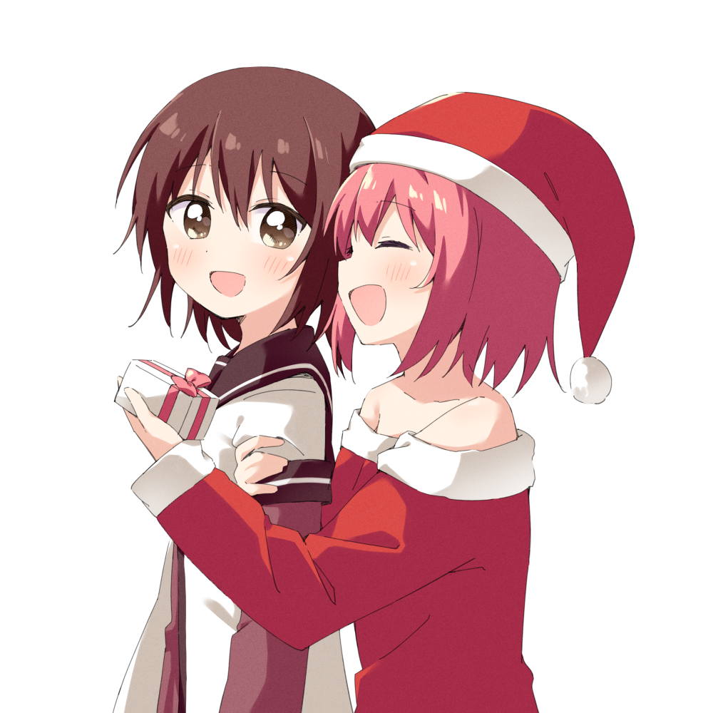 2girls :d ^_^ akaza_akari blush brown_eyes brown_hair christmas closed_eyes collarbone commission dot_nose funami_yui gift giving haru_(konomi_150) hat holding holding_another's_arm holding_gift long_sleeves looking_back multiple_girls off-shoulder_sweater off_shoulder open_mouth pink_hair pixiv_commission red_headwear red_sleeves red_sweater santa_costume santa_hat shirt short_hair simple_background smile standing sweater upper_body white_background white_shirt yuri yuru_yuri