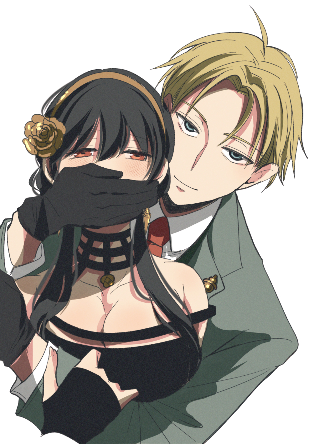1boy 1girl alex_(sandora) bangs bare_shoulders black_hair blonde_hair blue_eyes blush breasts closed_mouth covering_mouth dress earrings fingerless_gloves formal gagged gloves half-closed_eyes hand_gagged hand_on_another's_arm hand_over_another's_mouth headband hetero highres husband_and_wife jewelry long_sleeves necktie parted_bangs red_eyes sidelocks sleeveless sleeveless_dress spy_x_family suit twilight_(spy_x_family) white_background yor_briar