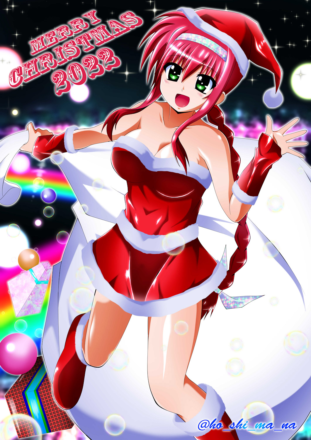 1girl :d amitie_florian bangs bare_shoulders boots braid braided_ponytail breasts christmas dress english_text floating fur-trimmed_dress fur-trimmed_gloves fur_trim gift gloves green_eyes hairband half_gloves hat highres holding holding_sack light_particles long_hair looking_at_viewer lyrical_nanoha mahou_shoujo_lyrical_nanoha mahou_shoujo_lyrical_nanoha_a's mahou_shoujo_lyrical_nanoha_a's_portable:_the_gears_of_destiny medium_breasts merry_christmas microdress open_mouth rainbow rappasan05 red_dress red_footwear red_gloves red_hair red_headwear sack santa_boots santa_dress santa_gloves santa_hat sidelocks single_braid smile solo sparkle standing strapless strapless_dress twitter_username very_long_hair waving white_hairband