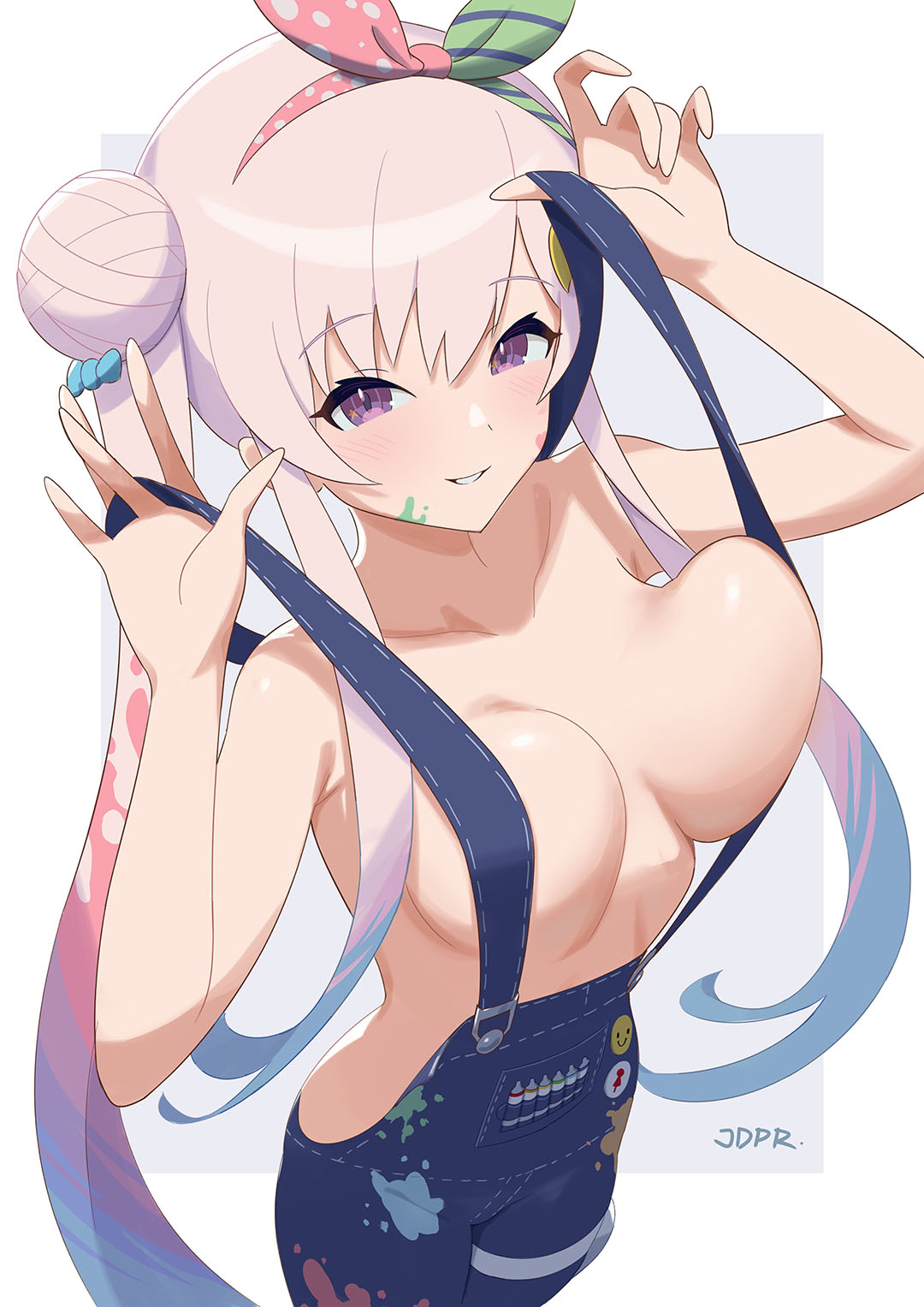 1girl airani_iofifteen artist_name asymmetrical_breasts bangs blue_hair blue_overalls blush border bow breast_lift breasts clothes_lift cowboy_shot denim dutch_angle gradient_hair grin hair_bow hair_bun hair_ribbon hairband highres hololive hololive_indonesia jdpr large_breasts long_hair looking_at_viewer multicolored_hair naked_overalls overalls paint paint_on_clothes paint_splatter paint_splatter_on_face paint_tube pink_hair purple_eyes ribbon sidelocks simple_background smile solo twintails virtual_youtuber white_background white_border