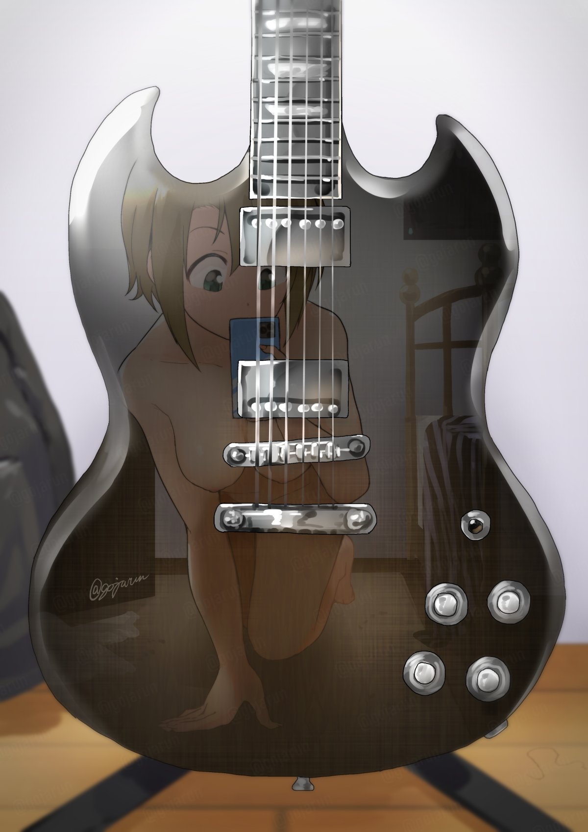 1girl accidental_exposure amplifier bangs bed bedroom blue_eyes breasts brown_hair cellphone collarbone convenient_censoring covered_mouth crawling electric_guitar gojarun guitar guitar_case highres idolmaster idolmaster_cinderella_girls instrument instrument_case kneeling looking_down medium_breasts nude phone pov raised_eyebrows reflection shirt_removed short_hair smartphone solo tada_riina taking_picture wooden_floor