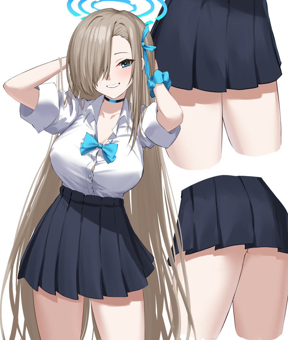 1girl ass asuna_(blue_archive) bangs black_choker black_skirt blue_archive blue_bow blue_bowtie blue_eyes blue_ribbon blue_scrunchie blush bow bowtie breasts button_gap choker collared_shirt contrapposto cowboy_shot dress_shirt grin hair_over_one_eye hair_ribbon halo hands_on_own_head large_breasts light_brown_hair long_hair long_sleeves looking_at_viewer lower_body miniskirt mole mole_on_breast multiple_views nichijo parted_bangs pleated_skirt ribbon school_uniform scrunchie shirt simple_background skirt sleeves_pushed_up smile thighs very_long_hair white_background white_shirt wrist_scrunchie