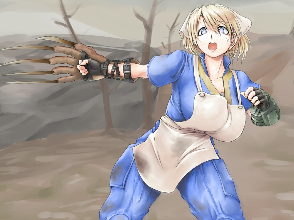 1girl apron bangs bare_tree black_gloves blonde_hair blue_eyes blue_jumpsuit breasts claw_(weapon) collarbone commentary cross_scar dirty dirty_clothes fallout_(series) fallout_3 fingerless_gloves freckles futaba_channel gloves hair_between_eyes head_scarf heni_(nijiura_maid) high_collar jumpsuit kuma_(kumahoihoi) large_breasts legs_apart nijiura_maids open_mouth outdoors pip_boy scar scar_on_cheek scar_on_face short_hair short_sleeves solo standing teeth tree upper_teeth_only vault_suit wasteland weapon white_apron white_headwear