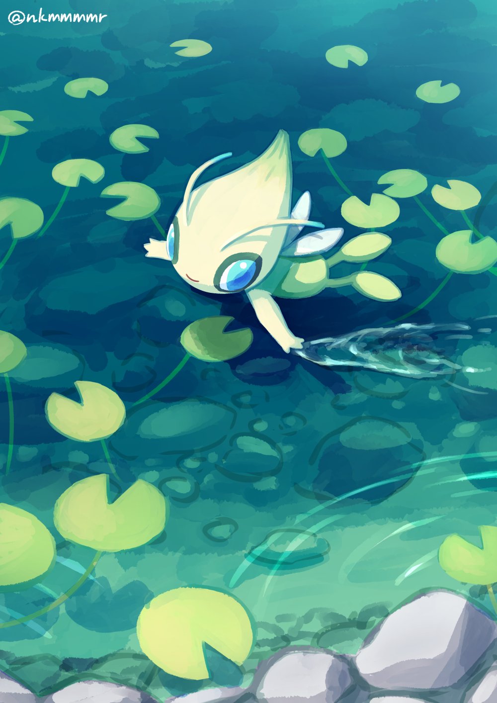 blue_eyes celebi closed_mouth commentary_request funahashi_(nkmmmmr) highres lily_pad no_humans pokemon pokemon_(creature) ripples skimming smile solo water