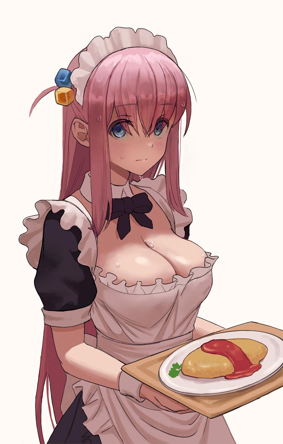 1girl alternate_costume apron bad_id bad_twitter_id bangs black_bow blue_eyes bocchi_the_rock! bow breasts cleavage closed_mouth cube_hair_ornament detached_collar enmaided food frilled_apron frills gotou_hitori hair_ornament highres holding holding_plate ketchup large_breasts looking_at_viewer maid maid_headdress omelet omurice plate short_sleeves simple_background solo sweat white_background zefrableu