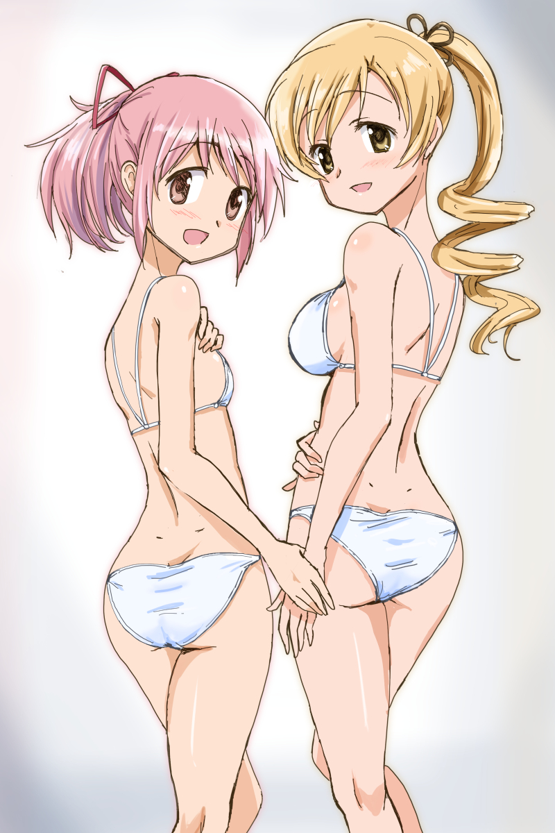 1girl ass bikini blonde_hair breasts commentary_request drill_hair flat_chest gradient gradient_background grey_background hair_ornament hairpin highres kaname_madoka kinfuji large_breasts looking_at_viewer looking_back mahou_shoujo_madoka_magica matching_outfit pink_eyes pink_hair ponytail short_hair solo standing swimsuit tomoe_mami white_bikini yellow_eyes