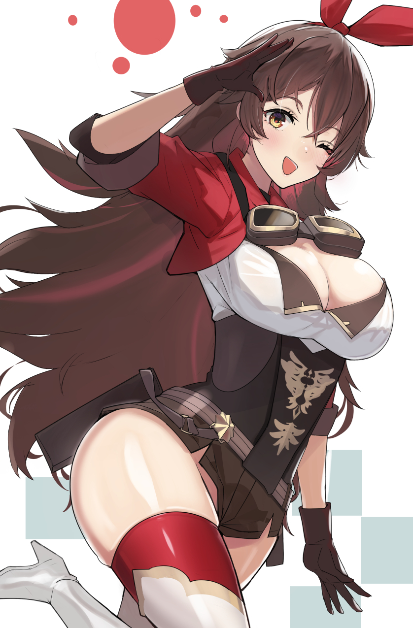 1girl amber_(genshin_impact) bangs belt blush breasts brown_eyes brown_gloves brown_hair brown_shorts cleavage crossed_bangs genshin_impact gloves goggles hair_ribbon hareno_chiame highres large_breasts long_hair looking_at_viewer one_eye_closed open_mouth pouch red_ribbon ribbon short_shorts shorts shrug_(clothing) solo thighs wide_hips