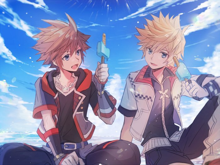 2boys black_shirt blonde_hair blue_eyes blue_sky brown_hair chain_necklace fingerless_gloves gloves hair_between_eyes holding_ice_cream hood hood_down hooded_jacket ice_cream_bar jacket jewelry kingdom_hearts kingdom_hearts_iii looking_at_another male_focus multiple_boys necklace open_mouth outdoors ring roxas shirt short_hair short_sleeves sky smile sora_(kingdom_hearts) spiked_hair upper_body white_jacket wristband yurichi_(artist)