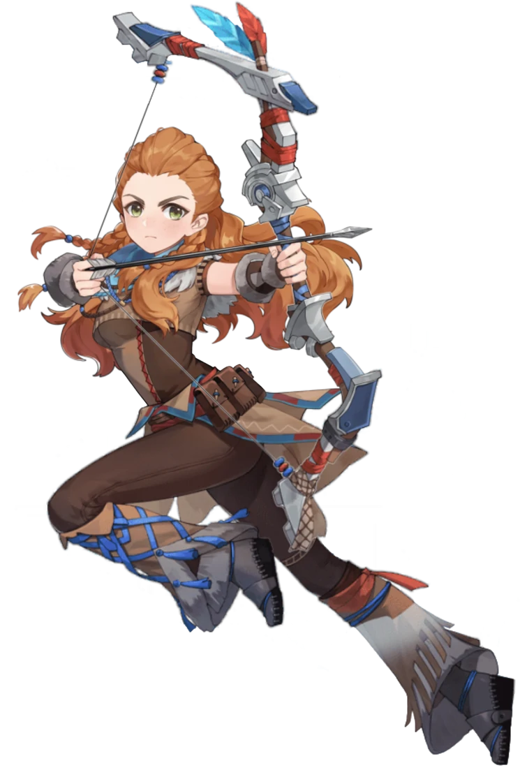 1girl aloy_(horizon) bow bow_(weapon) braid genshin_impact green_eyes holding holding_weapon horizon_zero_dawn long_hair looking_at_viewer official_art orange_hair pants tachi-e transparent_background weapon