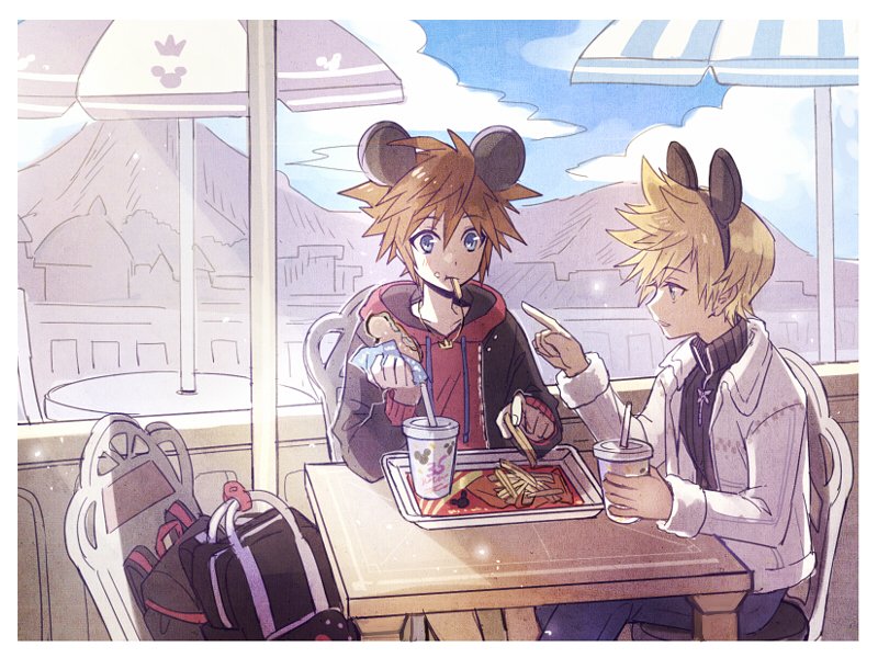 2boys backpack bag black_jacket blonde_hair blue_eyes brown_hair cup disneyland disposable_cup drinking_straw eating food french_fries hair_between_eyes holding holding_food hood hood_down hoodie indoors jacket kingdom_hearts kingdom_hearts_iii looking_at_another male_focus mickey_mouse_ears multiple_boys pointing red_hoodie roxas short_hair sitting sora_(kingdom_hearts) spiked_hair umbrella white_jacket window yurichi_(artist)